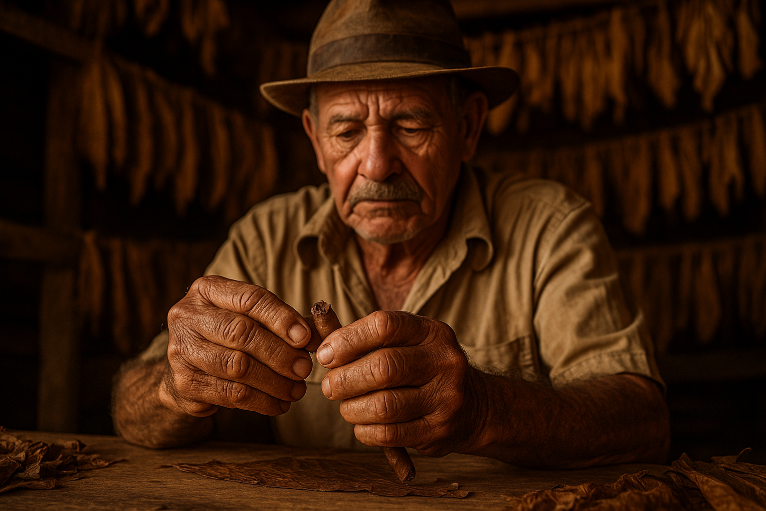 Un retrato emocional de un productor de puros en su taller, con hojas de tabaco colgando al fondo y las manos en primer plano torciendo un puro.